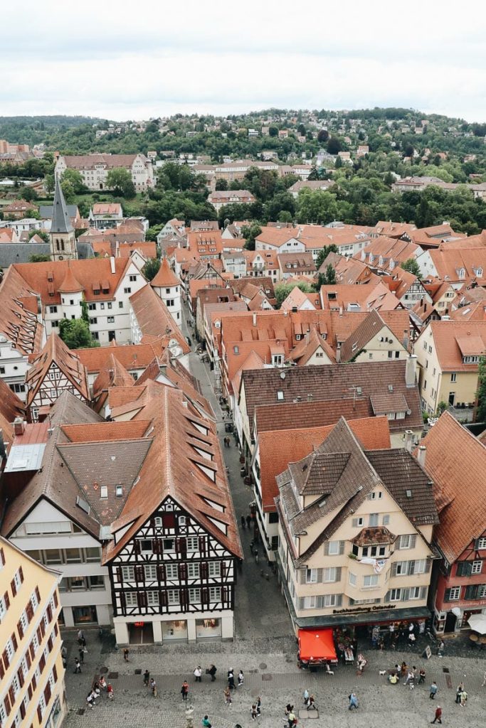 Vue panoramique sur la vieille ville de Tübingen et ses toits rouges depuis le clocher de l'église Saint-Georges