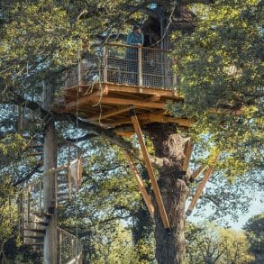 Homme admirant la vue panoramique sur la forêt depuis le balcon en bois d'une cabane perchée.