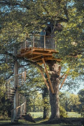 Homme admirant la vue panoramique sur la forêt depuis le balcon en bois d'une cabane perchée.