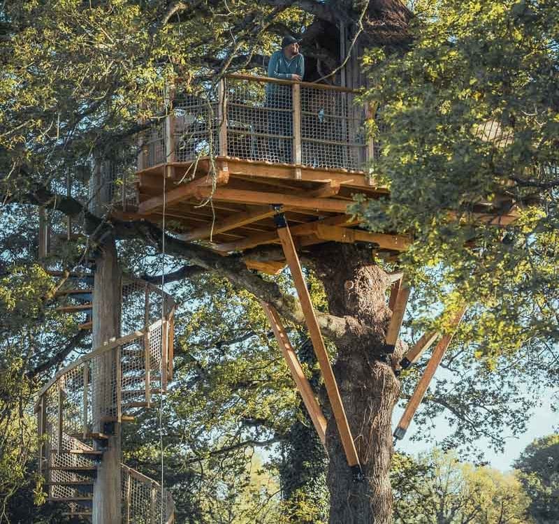 Homme admirant la vue panoramique sur la forêt depuis le balcon en bois d'une cabane perchée.