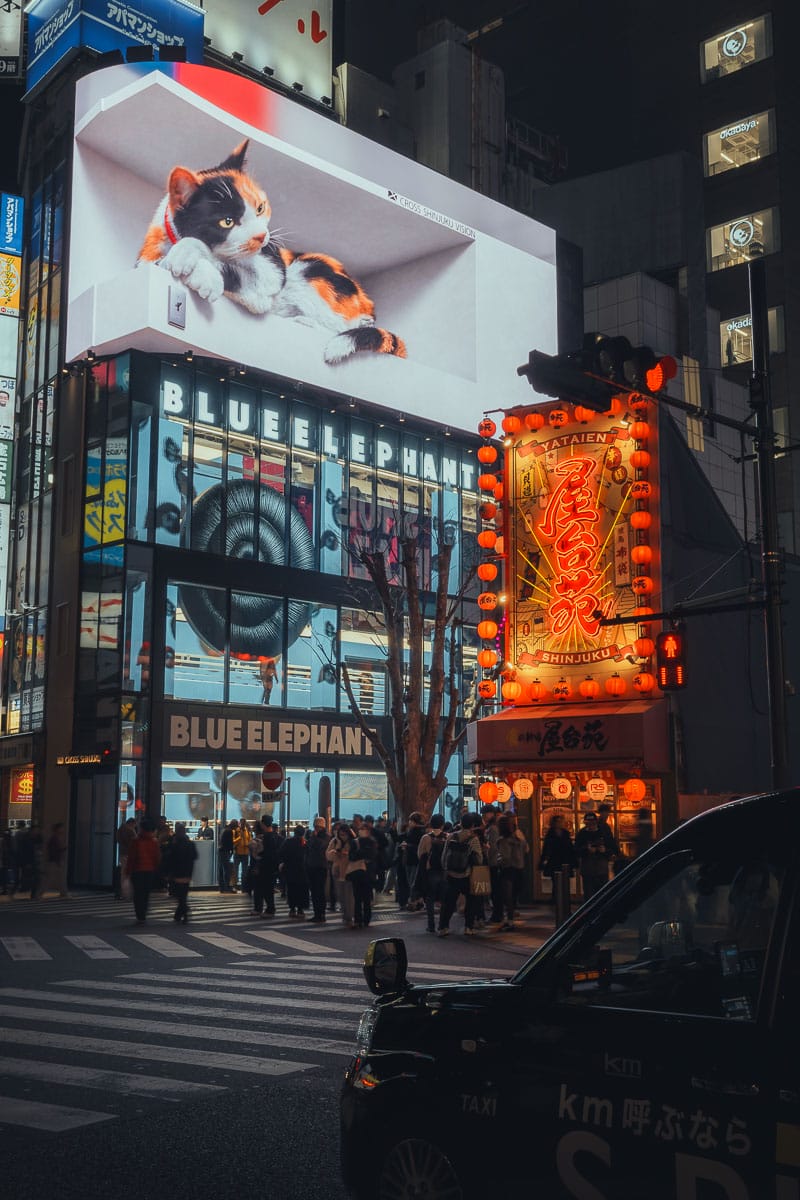 Chat 3D animé géant sur l'écran de Shinjuku au-dessus du carrefour piéton à Tokyo