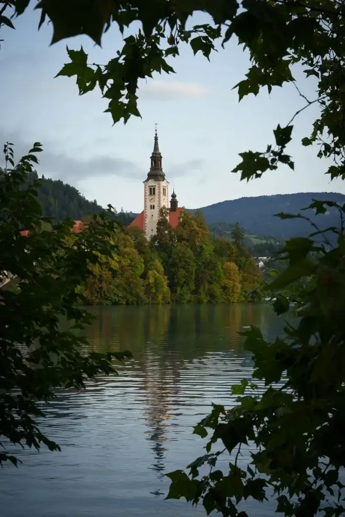 vue sur l'église de l'île de Bled depuis la rive aménagée