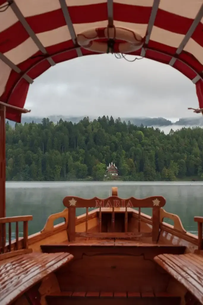 vue sur les rives du lac de Bled depuis une pletna traditionnellle en bois