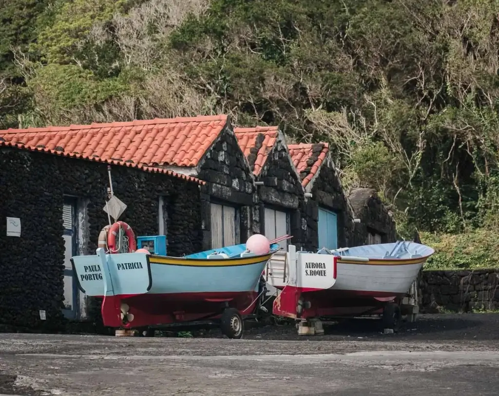 Bateaux de pêche colorés devant les cabanes de lave noire au port de São Roque à Pico
