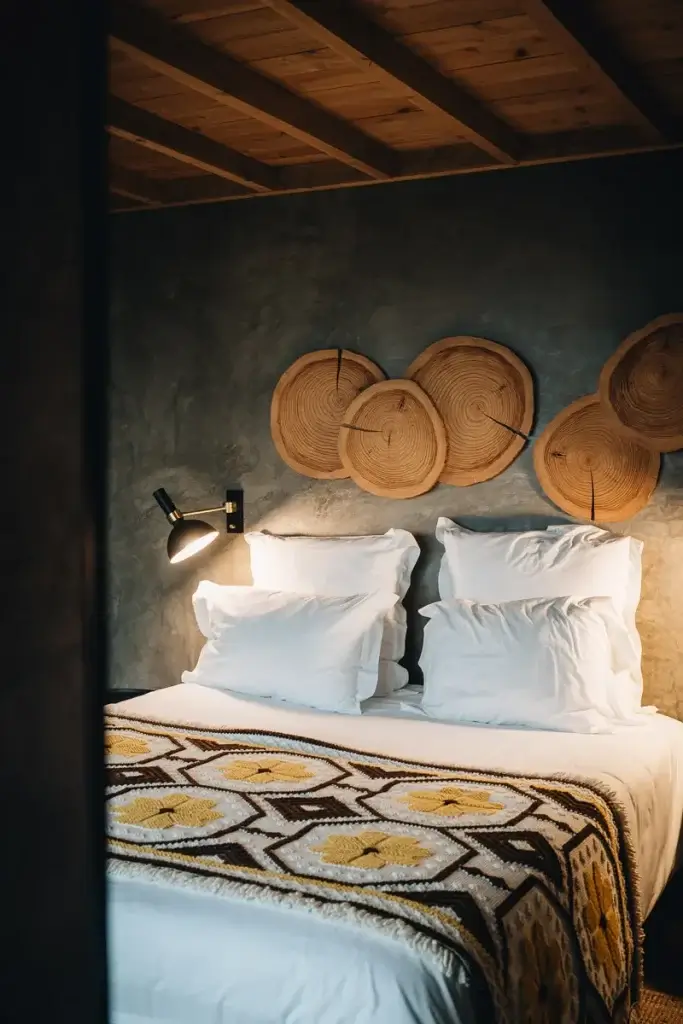 Chambre cosy des Lava Homes sur l'île de Pico aux Açores, déco en bois et linge blanc, ambiance chalet volcanique