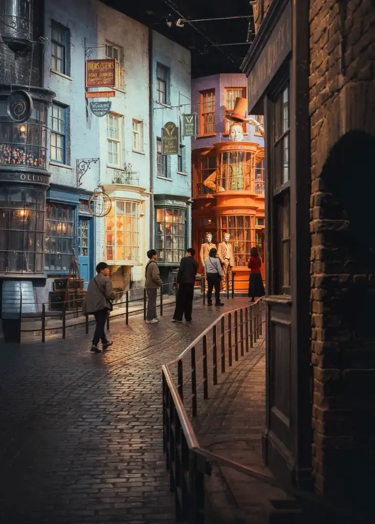 Les boutiques colorées du Chemin de Traverse, dont celle des Weasley, au studio Harry Potter de Tokyo
