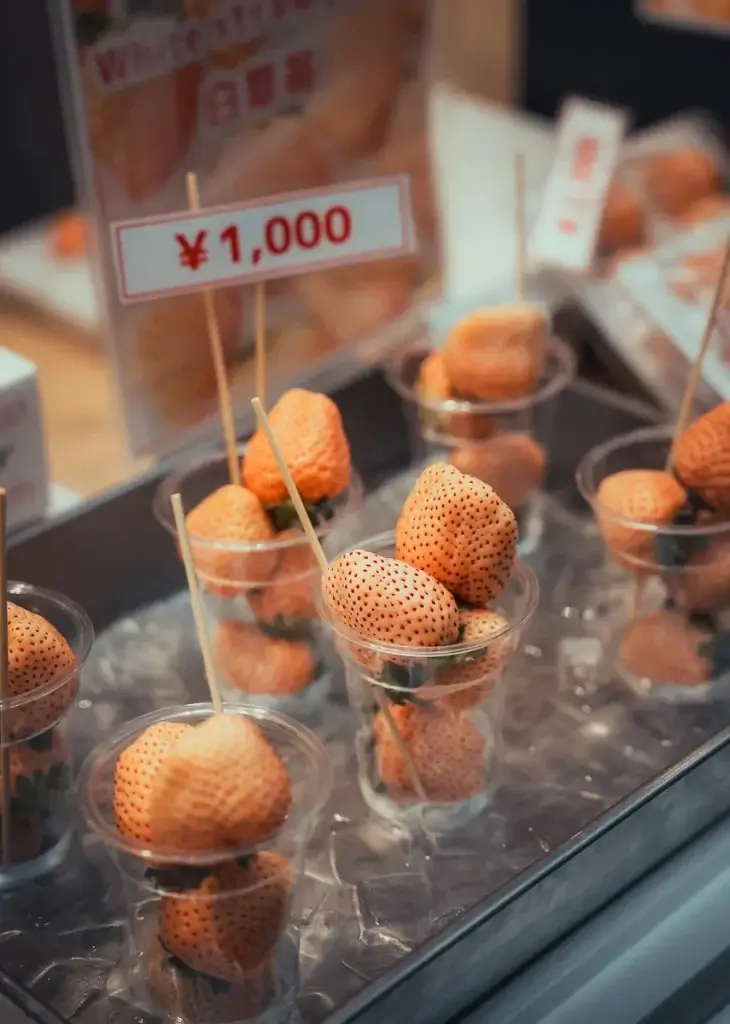 Fraises blanches vendues 1 000 yens le gobelet au marché Kuromon d’Osaka