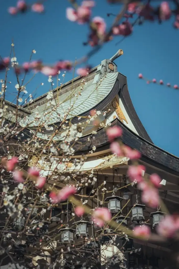 Toit du sanctuaire Namba Yasaka à Osaka, entre pruniers en fleurs et lanternes suspendues